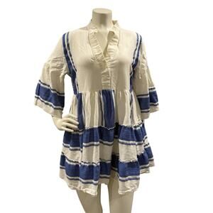 Met Blue and White Striped Greek Cotton Blend Tiered Mini Dress Vacation Beach
